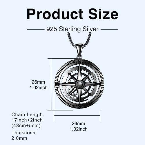 Compass Necklace 925 Sterling Silver Black Gold Compass Necklace for Men Vintage Gear Compass Jewelry Gifts for Men Father Husband Boyfriend4