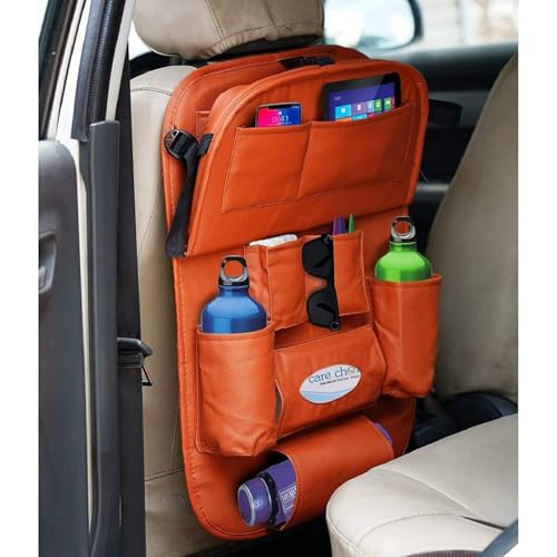 Image of PU Leather Auto Car Back-Seat Organizer with Tray, Multi-pocket Storage, Tablet Holder, Bottle and Tissue Paper Holder, Mobile Holder and Tray for food (TAN)