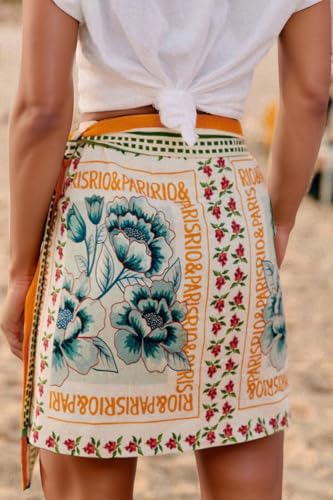 CHARTOU Women's Summer Floral Print Wrap Short Skirt Knot Side High Waist A Line Beach Mini Skirt4