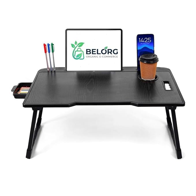 Image of Wood Smart Multipurpose Foldable Laptop Table with Cup Holder, Study Table, Bed Table, Breakfast Table, Foldable and Portable /Ergonomic & Rounded Edges /Non-Slip Legs (Black)