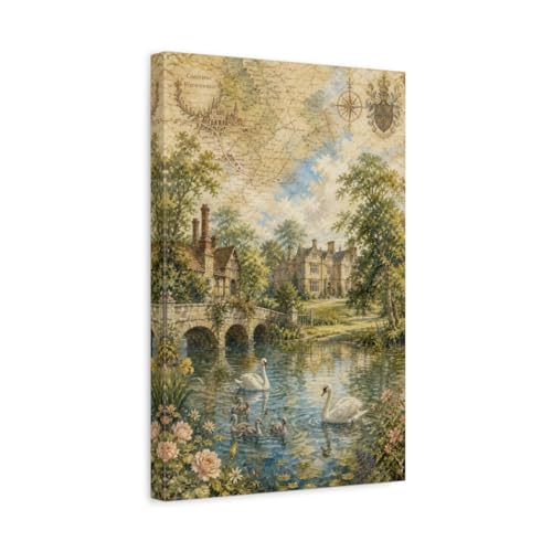 Toile cygnes vintage et carte atlas aquarelle pour salon rétro, affiche 30x45 cm de qualité