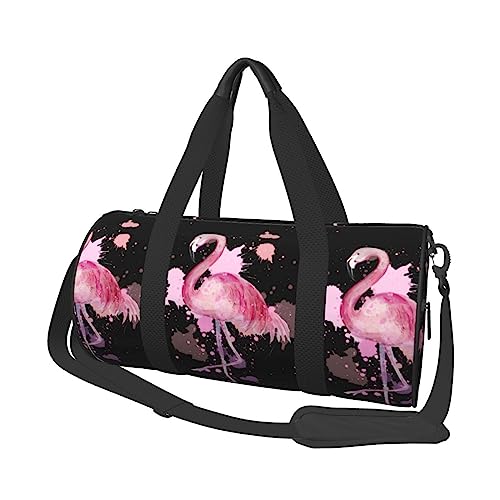 Sac de sport rond grand volume sac polochon noir imprimé fleurs et flamant rose