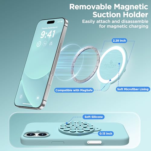Image of Magnetic for iPhone 16 Case, Compatible with Magsafe, Suction Cup Phone Mount, [2 Screen Protectors][Camera Lens Protector] Silicone Shockproof Protective Slim Phone Cover 6.1 inch, Light Cyan