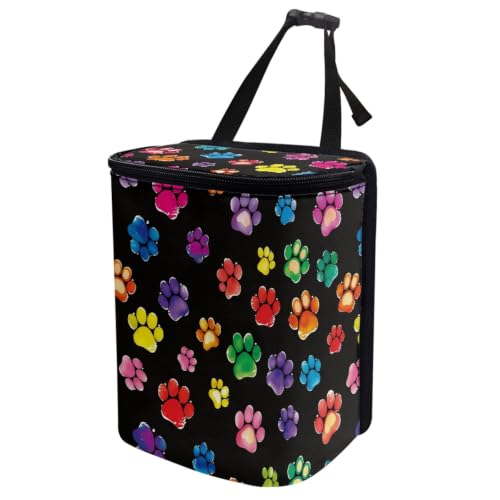 Image of Rainbow Dog Paw Print Car Trash Can Automotive Car Trash Bag with Lid Collapsible Waterproof Car Organizers and Storage Car Accessories for Women
