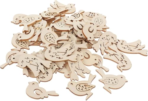50Pcs Holiday Crafting Supplies and DIY Handmade Ornaments, Natural Unfinished Wood Slices with Hollow Mini Bird Pendants, for Scrapbooking and Home Decor