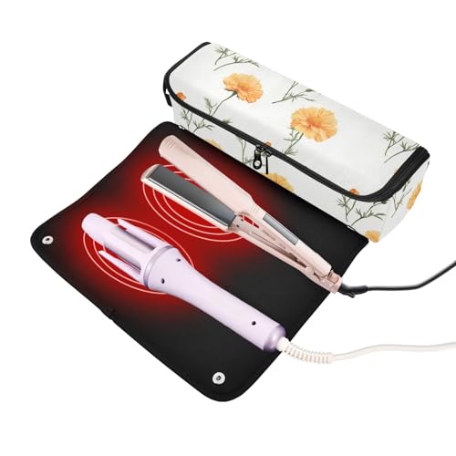 Bolsa de viaje amarilla con flores para herramientas de cabello con tapete resistente al calor para planchas y rizadores miniatura 2