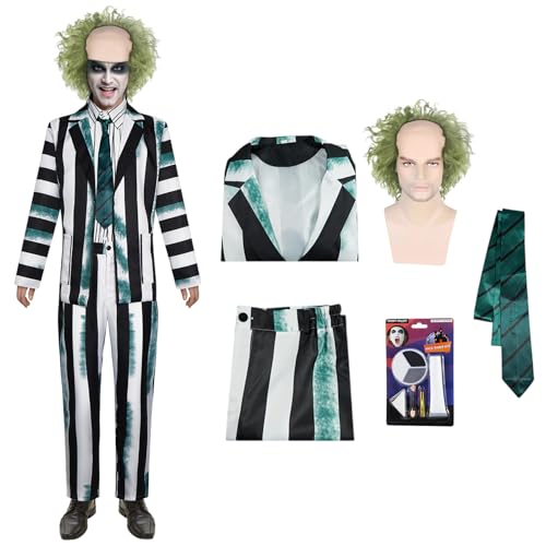 Solorass Costume Halloween Adulte Effrayant Costumes Blancs à Rayures pour Homme Costume de Film Fantôme pour Halloween, Carnaval, Cosplay (L)
