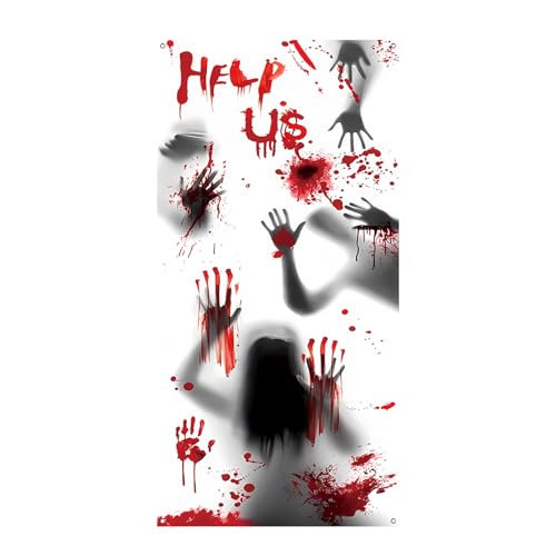 TAIYOU Halloween Türvorhang Vorhang mit Öse Duschvorhang 90x180 cm Blutiger Türabdeckung Polyester Textil Gruselig Vorhänge mit Bändchen Help Us Halloween Party Dekorationen