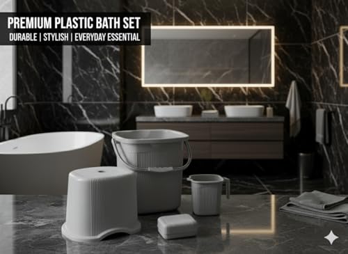 Image of MODWARE Bathroom Set, Pack of 4, Bucket, Mug, Soap Case, Stool, 20L, Polypropylene (Grey)