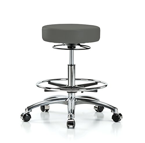 Image of Perch Chrome 360 Degree Height Adjustable Swivel Stool with Foot Ring | Medium Bench Height 20.5-28 inch | Charcoal Vinyl