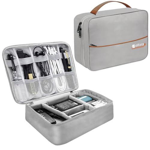 Image of Elfora Electronics Gadget Organizer Bag | Travel Tech Accessories Case for Cables, Phone, USB Charger, Earphone & Power Bank | Multi-Purpose Storage Pouch with Mesh Pockets & Handle Carry Strap (Grey)