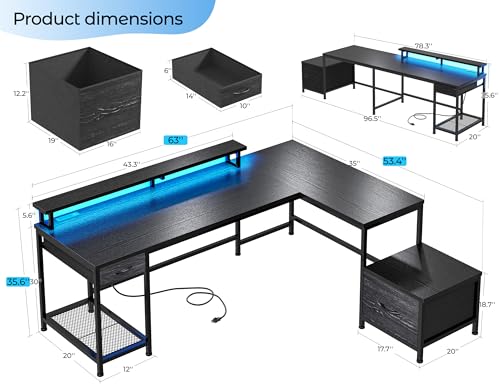 Image of DurayLoly 63 inch Reversible L Shaped Desk with Power Outlets &Led,Bedroom | Large Computer Desk with Monitor Stand,2 Fabric Drawer and Storage Shelves,Corner Desk,Gaming, Work, Home Office