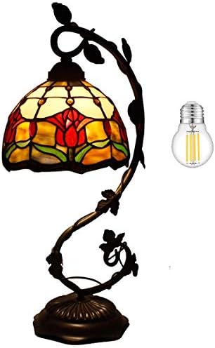 WERFACTORY Tiffany Lamp Red Stained Glass Tulip Table Lamp, Metal Leaf Base 8X10X21 Inches Reading Desk Light Decor Small Space Bedroom Home Office S030 Series