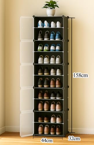 Image of Zemic Multiuse Modular Plastic Shoe Rack for Home with Door | ๐๐ ๐๐ก๐๐ฅ๐ Stackable Organizer | Waterproof & Dustproof | Space Saving Storage for Home, Bedroom & EntrywayใGrey, 5-Door-10-Shelfใ