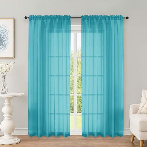 Image of OWENIE Turquoise Sheer Curtains 72 Inches Long 2 Panels Set, Transparent Voile Sheer Curtain for Living Room Bedroom Window Sliding Glass Door Treatment, 59 x 72 Inch, Turquoise