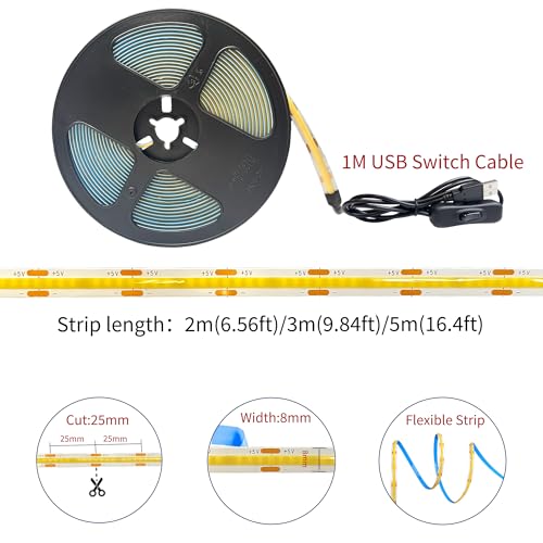 Image of 5V 8mm Width USB COB LED Strip Lights with Switch,Natural White 4000K,320LEDs /M,8W /M,CRI90,16.4FT /5M,Electroplated Double-Sided Panel Light Strip,Waterproof IP20,for Indoor Decoration