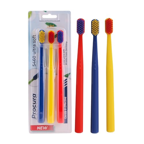 Spazzolino da denti VED ProCura Ultra Soft: spazzolino manuale delicato per adulti con 5.460 setole super morbide per denti e gengive sensibili (DARK BLUE+RED+YELLOW)
