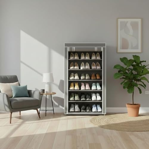 Image of EASY BUY Shoe Rack with Cover | Plastic Rack 6 Shelves with Zip Cover & Side Pockets | Dustproof Multiuse Storage Organizer for Footwear, Toys, Shoe Rack Plastic, Slipper Stand, Grey