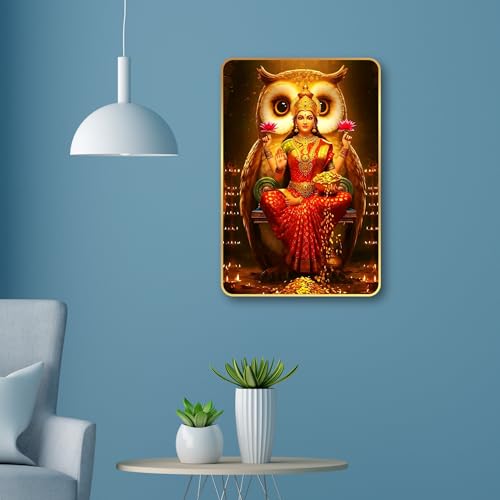 Image of Arkasto Lakshmi Mata with Owl Vahan Wall Poster | Goddess of Wealth & Prosperity | Golden Spiritual Wall Art for Home & Office Temple (Style-02, 12x18 inch)