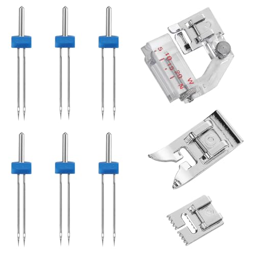 9 Pieces Stretch Twin Needles for Sewing Machine Ballpoint Household Double Twin Brother Sewing Machine Needles Automatic Needle Pins Threader Presser Foot Ideal Gifts for Craft Enthusiasts