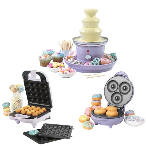 Giles & Posner COMBO-8145 Pastel Treat Set - Snack Maker Set With 3-in-1 Mini Treat Maker, Electric 3-Tier Chocolate Fountain & Doughnut Maker, Non-Stick Plates, Partys Treats, Easy Clean, Purple