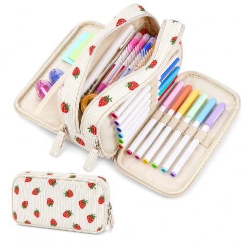 Image of Sooez Big Capacity Pencil Case Pen Pouch, Soft Corduroy Pencil Bag with 3 Compartment, Multiple Pockets, Sturdy Zipper, Cute School Supplies Pen Bag Organizer For Teen Girls-Strawberry
