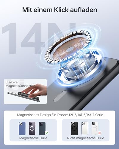 Powerbank für Magsafe, 12000mAh Magnetische Power Bank, PD 22.5W USB-A Ausgabe, Kabelloses Tragbares Ladegerät mit Typ-C-Eingang und Ausgang, LED-Anzeige für iPhone 17/16/15/14/13/12 Serie