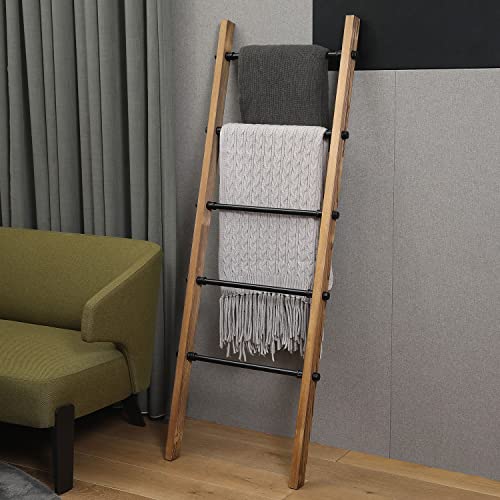 Mygift Rustic Burnt Wood Throw Quilt Blanket Ladder Farmhouse Style With 5 Black Metal Rungs, Bathroom Towel Ladder Storage Rack #TOP3
