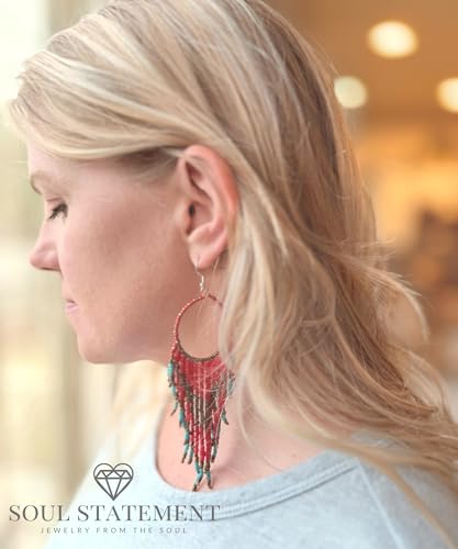 Colorful Bead Dangles, Cowboy Chic Earrings for Women, Boho Handmade Red, Gold, Turquoise Earrings, Ethnic Dangling Beads Design, Gift-Ready, Perfect for Concerts & Festivals3