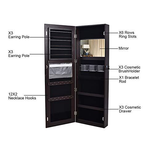Giplar Jewelry Armoire Retro Pvc Wood Grain Coating Whole Body Mirror Decoration Storage Dressing Mirror Jewelry Mirror Cabinet Wall-Mount/Door-Hanging Makeup Jewelry Armoire-Brown Beauty #TOP4