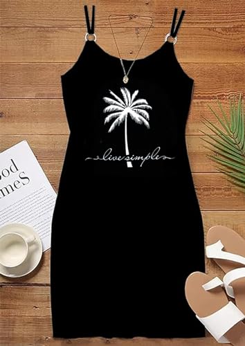 Image of Women's Live Simple Coconut Tree Color Block Mini Dress Spaghetti Strap Halter Strap Sleeveless Mini Dress with Pockets