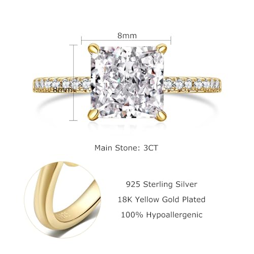 3CT Radiant Cut Lab Grown Diamond Wedding Band, Engagement Ring for Woman, 18K White Yellow Gold Vermeil Simulated Diamond Promise Ring for Her, Travel Rings2