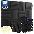 Focusound 36 Pack Curved Acoustic Foam Panels 3" x 12" x 12" Sound Proof Foam Panels Soundproofing Noise Cancelling Wedge Panels for Home Office Recoding Studio with 240 PCS Double-Side Adhesive