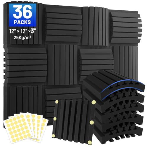 Focusound 36 Pack Curved Acoustic Foam Panels 3' x 12' x 12' Sound Proof Foam Panels Soundproofing Noise Cancelling Wedge Panels for Home Office Recoding Studio with 240 PCS Double-Side Adhesive