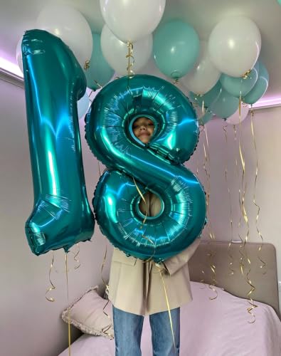 Image of Number Balloons Light Blue 13 Balloon 40 inch for 13 31 Birthday Decoration | Saturated Color, Large 40 in, With Inflation Straw & Hanging Hole, Great for Men's Party, Back-To-School Season, Pool Party