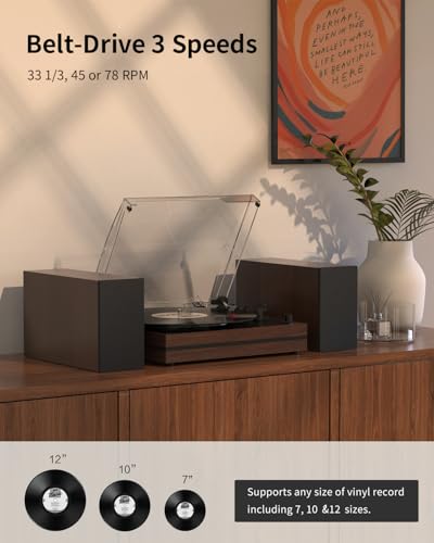 Image of Record Player with Two External Speakers Belt-Drive Turntable for Vinyl Records Dual Stereo Speakers Vintage LP Players Support 3 Speed Wireless Playback AUX Headphone Input Auto Stop Wood Brown