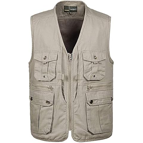 Flygo Mens Casual Outdoor Work Utility Safari Fishing Travel Vest with Pockets (X-Small, Khaki) Cover