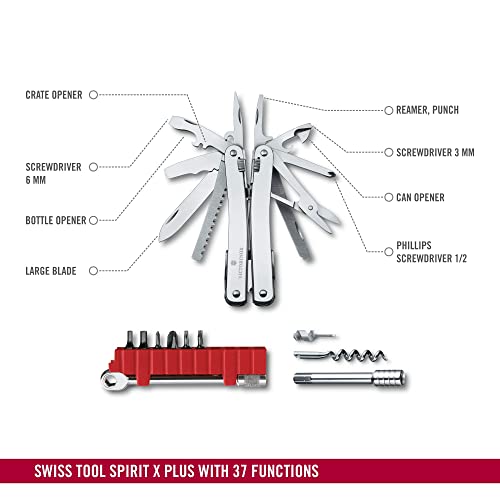 Image of Victorinox Swiss Tool Spirit X Plus Ratchet Swiss Army Knife, 36 Function Swiss Made Multi-Tool with Needle-nose Pliers and Leather Pouch - Silver