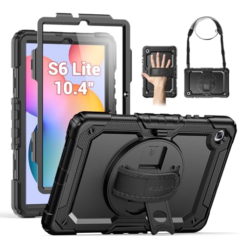 SEYMAC Case for Samsung Galaxy Tab S6 Lite 10.4'' 2024/2022/2020 (SM-P620/P610/P615), Heavy Duty Full-Body Shockproof Protective Case with Screen Protector, Rotating Stand, Hand/Shoulder Strap, Black