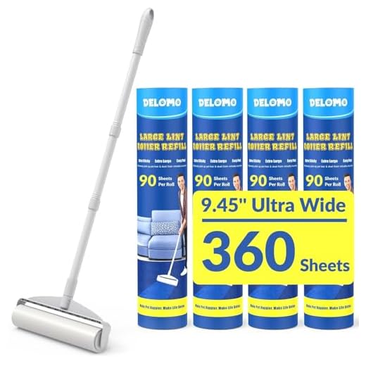 Large Lint Rollers for Carpet, Sticky Rollers for Floor DELOMO 9.45 in with 3 Extendable Handle, Long Handle Sticky Mop for Cleaning Carpets, Cars, Bedding, Couches, and Pet Hair