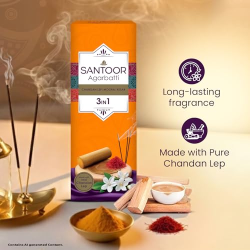 Image of Santoor Three in One Agarbatti. Premium Scented Agarbatti Made with Pure Chandan Lep. Chandan Lep | Mogra | Kesar| Pack of 2