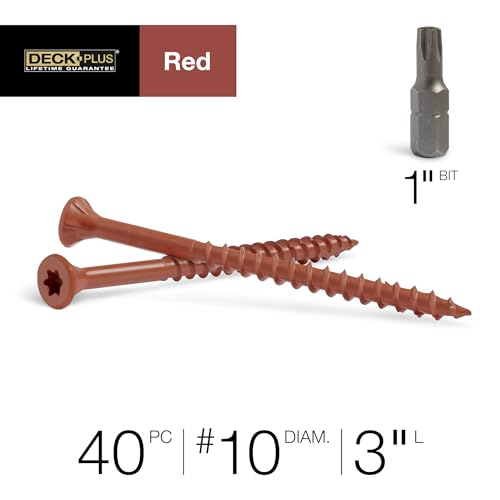 Image of Deck Plus 3 Inch Epoxy Coated Exterior Wood and Fence Screws #10 x 3 Torx /Star Drive Included Coarse Thread, Outdoor Rust Resistant Decking Screw, Red, 40 Pieces | 42600