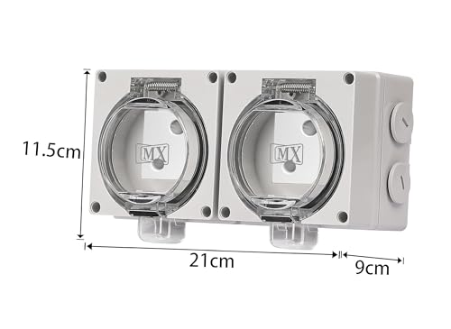 Image of MX IP66 Waterproof Outdoor Socket Box with 2 x 16A Indian Sockets, 250V Weatherproof Dustproof Electrical Wall Outlet, 4 Module Modular Power Socket with Spring Cover for Garden, Balcony, Patio