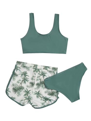 COZYEASE Girl's 3 Piece High Waisted Swimsuit Beach Bathing Suit with Tropical Cover Up Shorts2