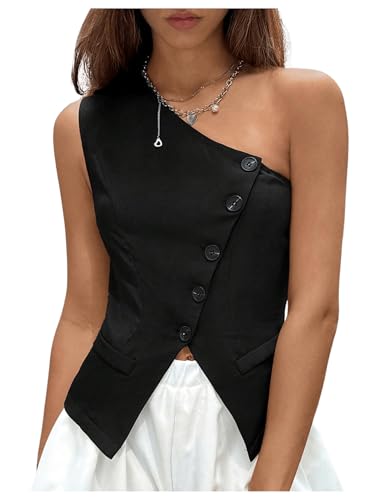 MakeMeChic Women's One Shoulder Vest Tops Asymmetrical Button Down Sleeveless Tank Tops