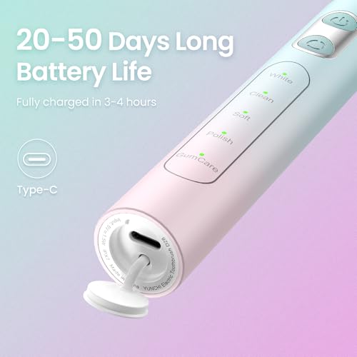 YUNCHI C3 Elektrische Schallzahnbürste für Erwachsene, 8 Bürstenköpfe und Reiseetui, Wiederaufladbare Elektrische Zahnbürste mit 5 Modi und USB Typ-C Aufladung, Mittelweiche Borsten, Blau – Bild 6