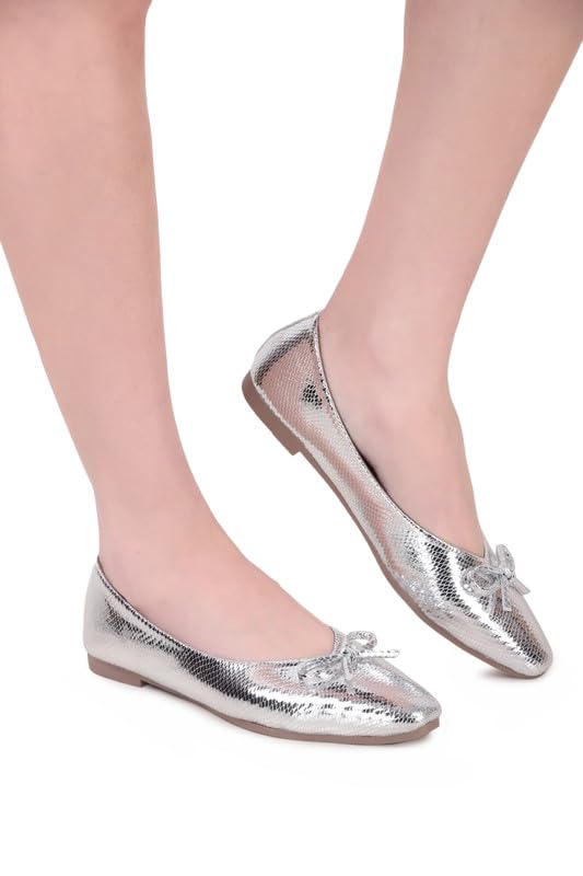 Image of Women's Gold Ballet Flats | Pointed Toe Metallic Dress Shoes with Bow Detail | Comfortable Slip On Flat Shoes for Wedding, Party, Office & Formal Events