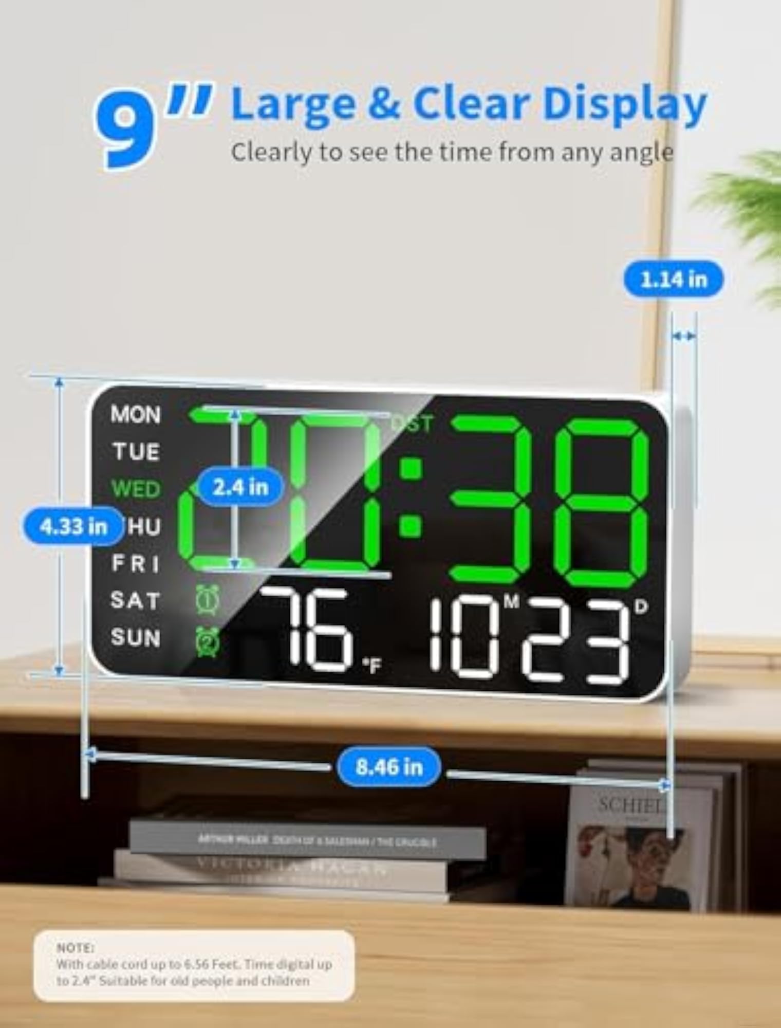 9" LED Digital Wall Clock with Date, Day & Temperature