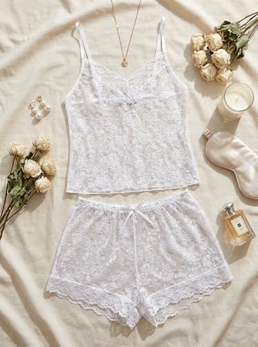 Image of Avidlove Sexy Pajama Set for Women Floral Lace Lingerie Set Sheer Sleepwear See Through Cami Shorts 2 Piece