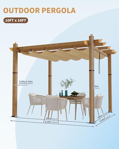 Image of KYBOLT 10x10 Ft Aluminum Pergola Outdoor Gazebo with Retractable Canopy Imitation Wood-Grain Sun Shade Shelter for Garden Patio Backyard Deck(Khaki)